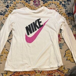 Nike White Long Sleeve Shirt with Pink Logo